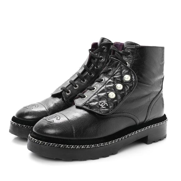 Chanel Crackled Calfskin CC Cap Toe Velvet Pearl Combat Boots in Black - Picture 1 of 16